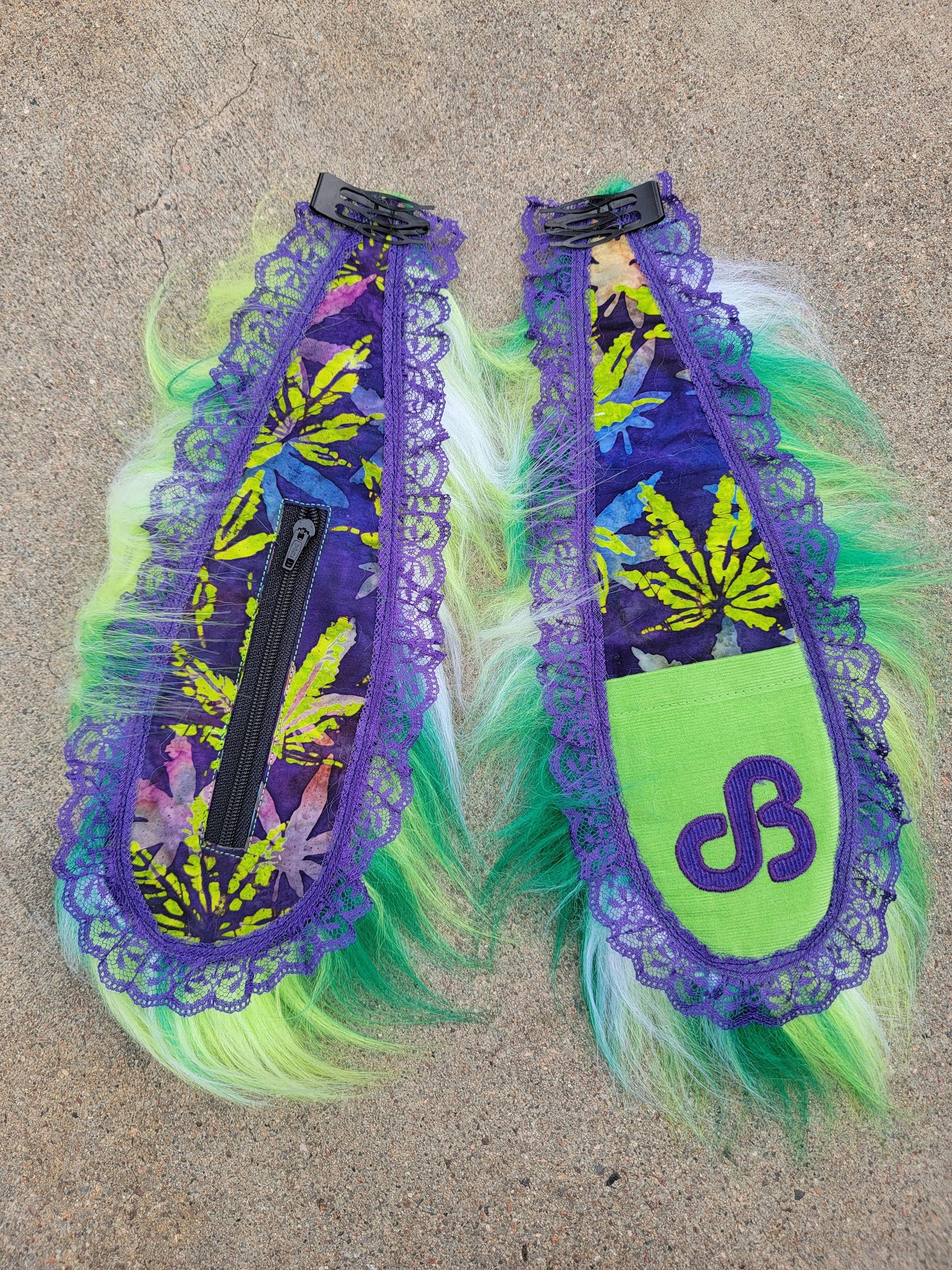 Clip - On Bunny Ears 18 - Nothing is as it Seams
daily bread patch, purple lace trim, ganja weed print in purple and neon green, green fax fur, and sewn onto heavy duty hair clips. handmade