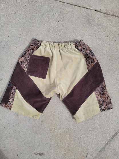 patchwork mens cargo shorts, corduroy and paisley fabrics. stash pocket