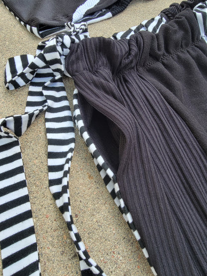 (L/XL) B&W Patchwork Crop Tee & Side-Tie Pants
