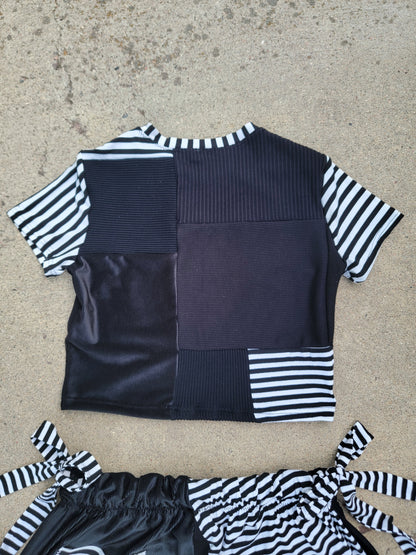 (L/XL) B&W Patchwork Crop Tee & Side-Tie Pants