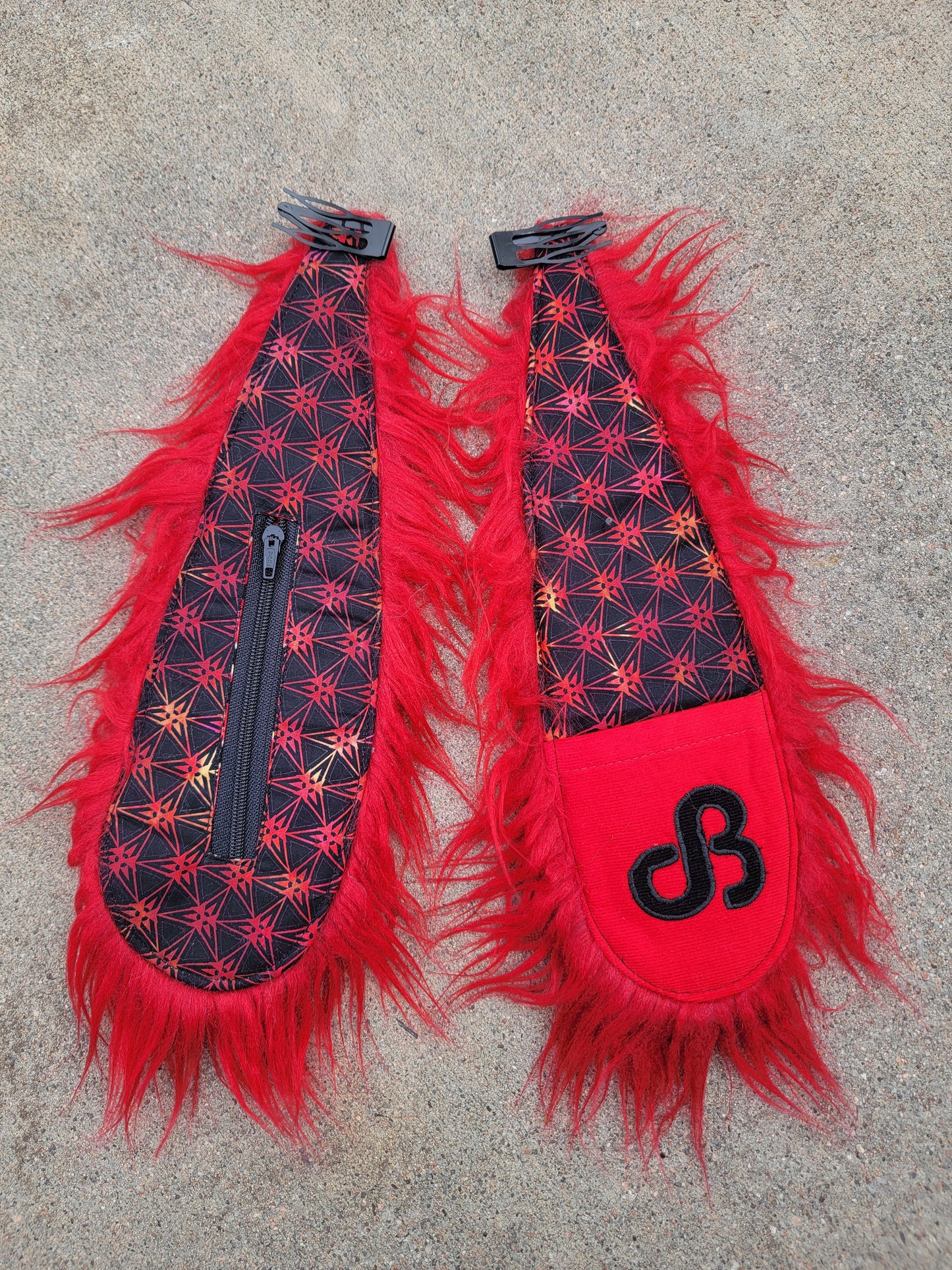Clip - On Bunny Ears 17 - Nothing is as it Seams
daily bread patch, red and black geometric print, red faux fur, sewn onto heavy duty hair clips