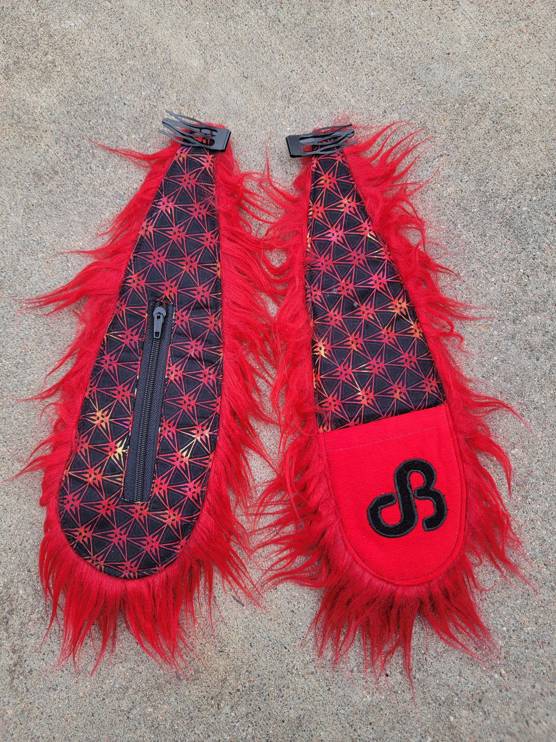 Clip - On Bunny Ears 17 - Nothing is as it Seams
daily bread patch, red and black geometric print, red faux fur, sewn onto heavy duty hair clips