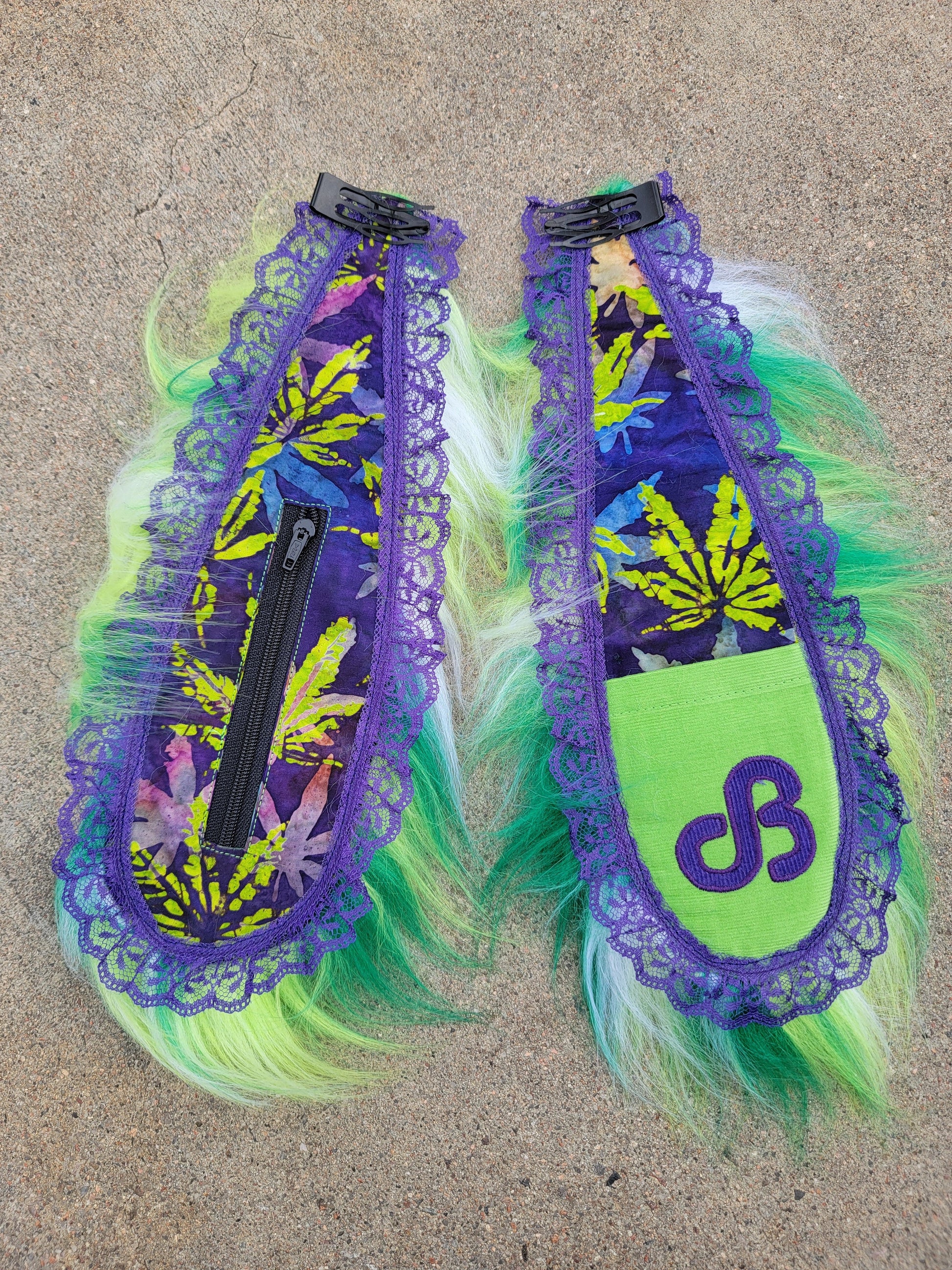 Clip - On Bunny Ears 18 - Nothing is as it Seams
daily bread patch, purple lace trim, ganja weed print in purple and neon green, green fax fur, and sewn onto heavy duty hair clips. handmade