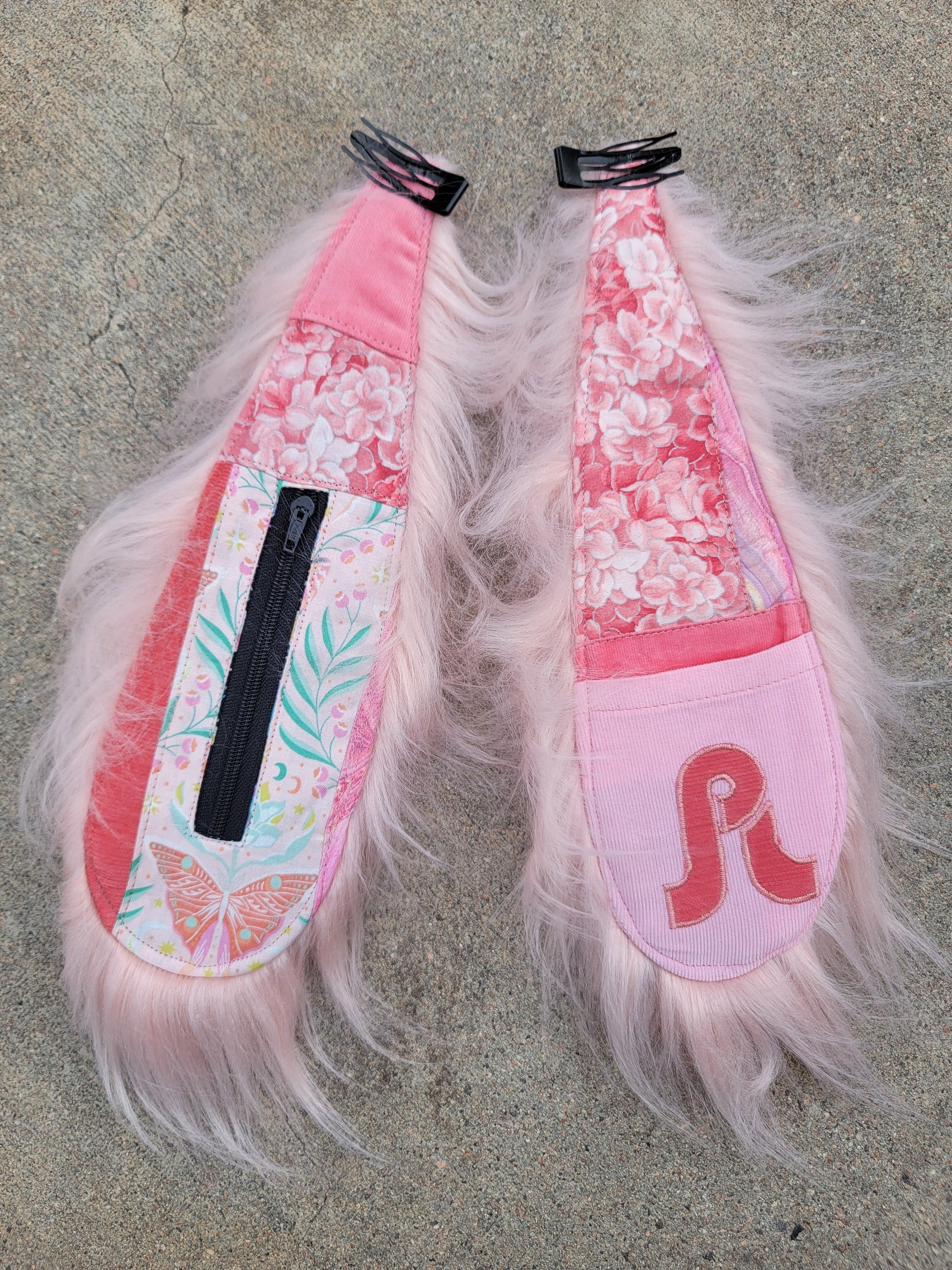 Clip - On Bunny Ears 20 - Nothing is as it Seams
pink patchwork, pink faux fur, pretty lights patch, butterfly print.