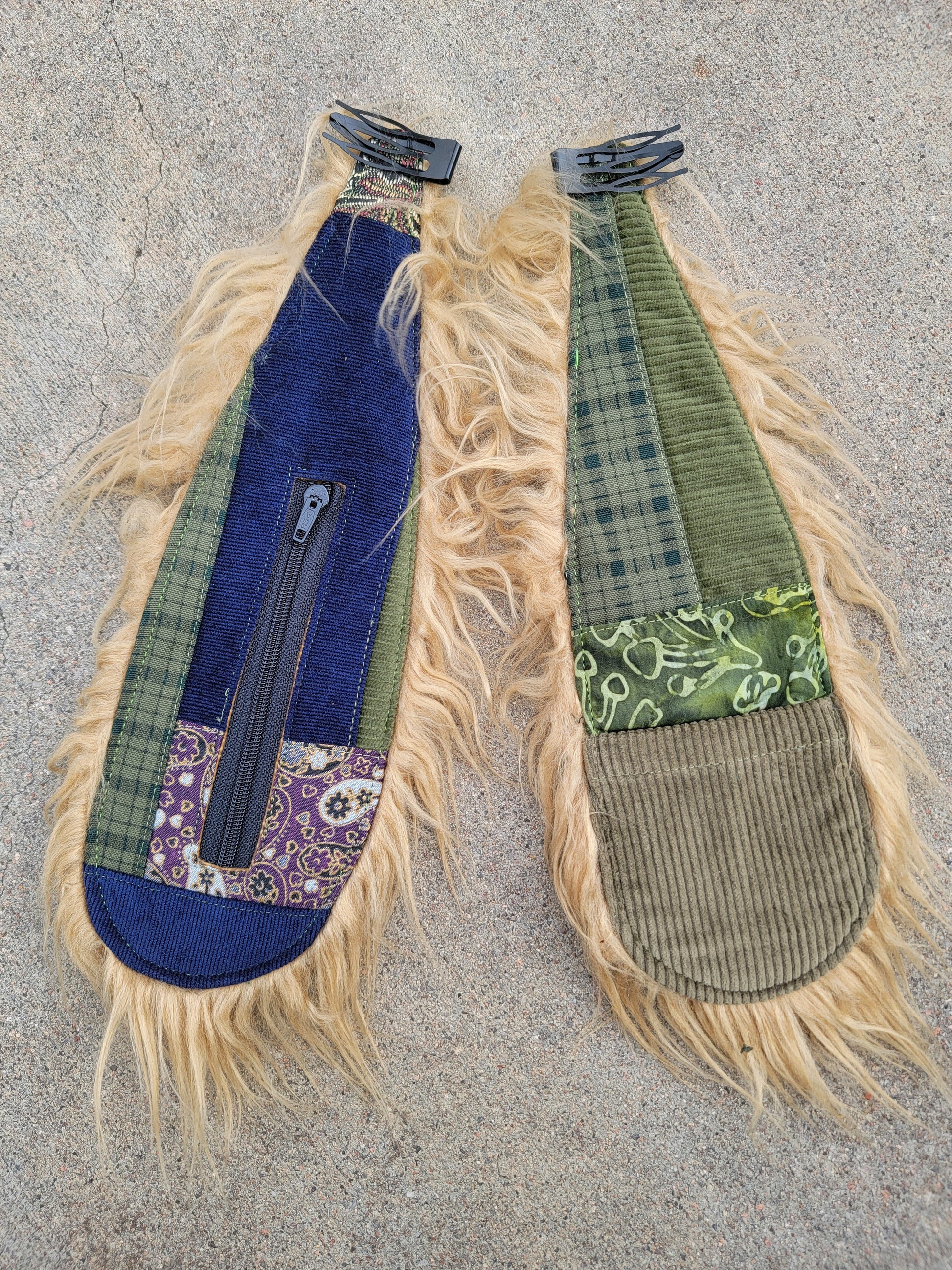 Clip - On Bunny Ears 28 - Nothing is as it Seams
patchwork 1of1 bunny ears, tan faux fur with earthy prints. pockets on both ears.