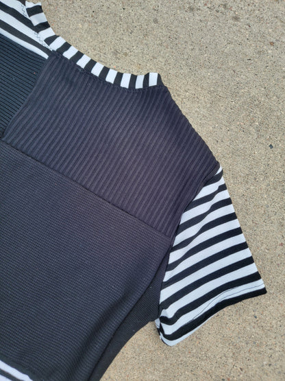(L/XL) B&W Patchwork Crop Tee & Side-Tie Pants - Nothing is as it Seams