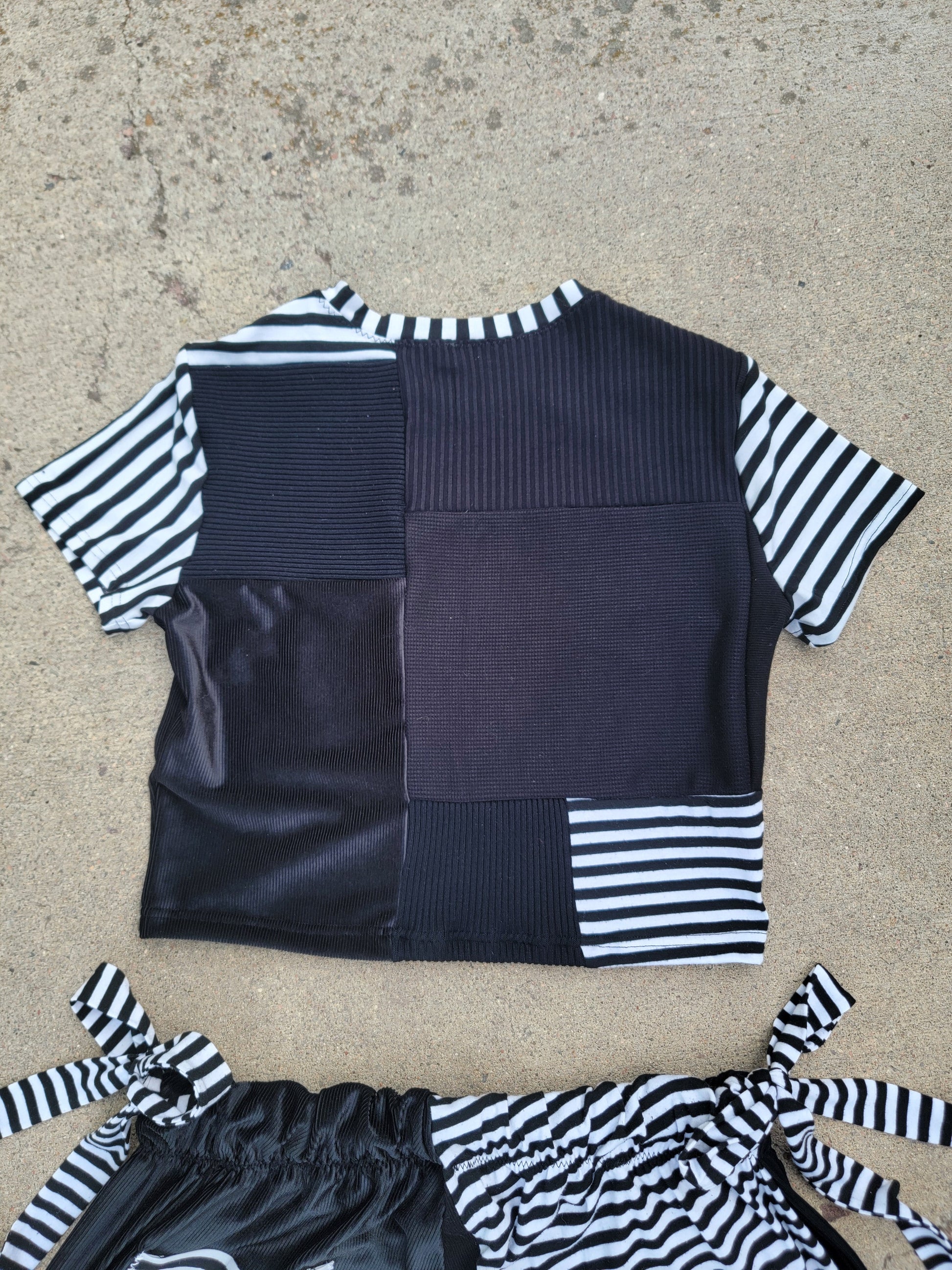 (L/XL) B&W Patchwork Crop Tee & Side-Tie Pants - Nothing is as it Seams
