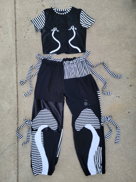 (L/XL) B&W Patchwork Crop Tee & Side-Tie Pants - Nothing is as it Seams