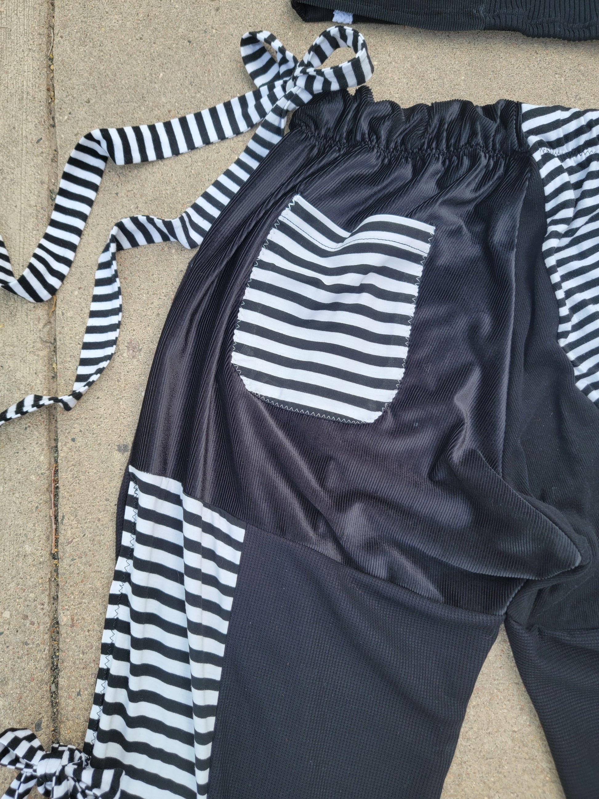 (L/XL) B&W Patchwork Crop Tee & Side-Tie Pants - Nothing is as it Seams