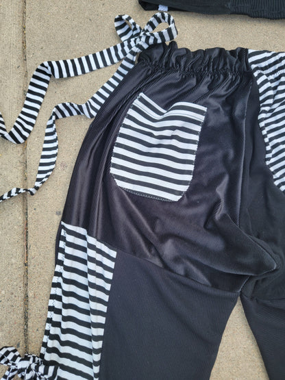 (L/XL) B&W Patchwork Crop Tee & Side-Tie Pants - Nothing is as it Seams
