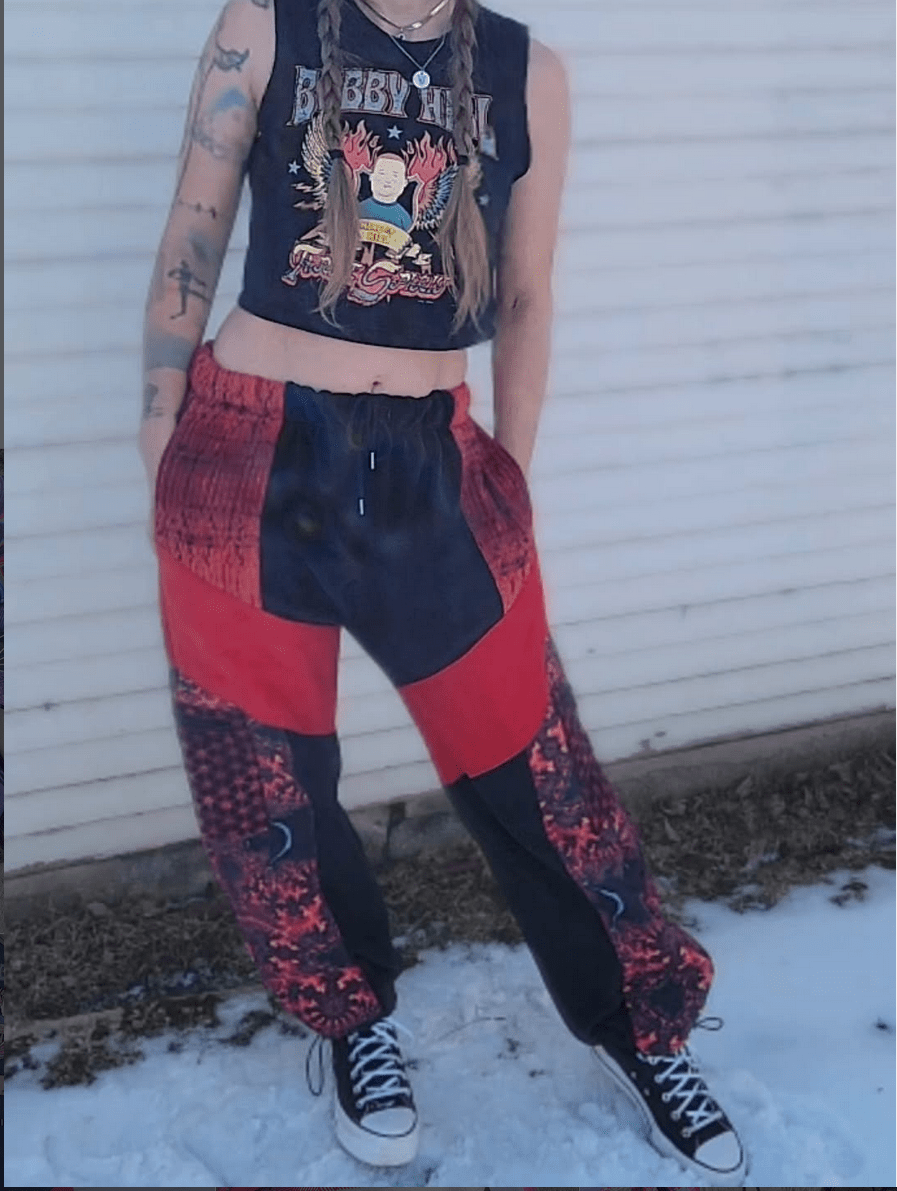 M Cargo Sweats - Nothing is as it Seams
red and black 1of1 handmade patchwork cargo sweatpants. multiple pockets. elastic and drawstring waistband, made in colorado. made from upcycled materials.