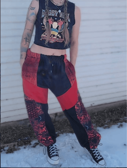 M Cargo Sweats - Nothing is as it Seams
red and black 1of1 handmade patchwork cargo sweatpants. multiple pockets. elastic and drawstring waistband, made in colorado. made from upcycled materials.