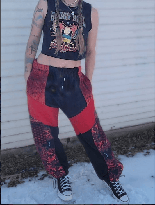 M Cargo Sweats - Nothing is as it Seams
red and black 1of1 handmade patchwork cargo sweatpants. multiple pockets. elastic and drawstring waistband, made in colorado. made from upcycled materials.